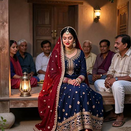 Photograph of a bride in a navy blue and red traditional Indian dress with gold embroidery, sitting on a wooden bench, surrounded by six men in casual