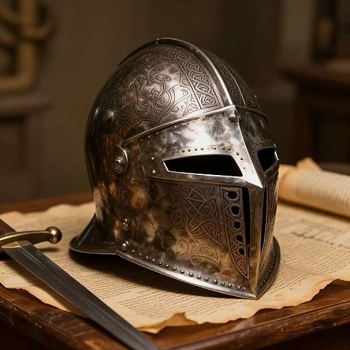 Photograph of ornate, silver medieval knight's helmet with intricate Celtic patterns, resting on aged parchment, with a sword beside it.