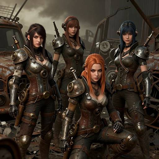 Digital artwork of four fierce, armored women with steampunk gear, red and blue hair, standing in a post-apocalyptic, rusted vehicle yard