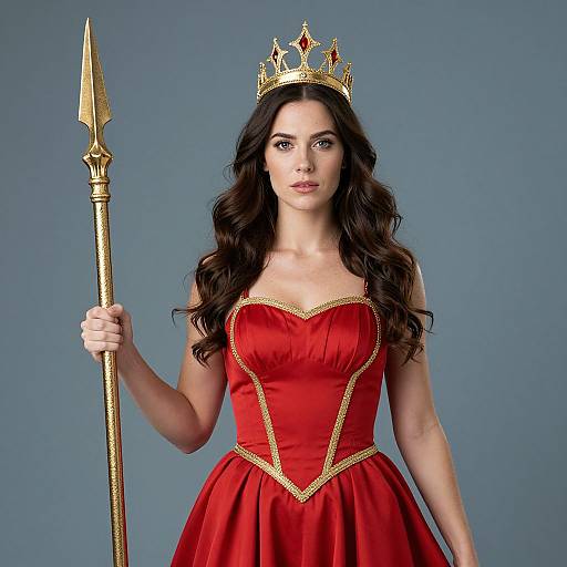 Photograph of a fair-skinned woman with long dark hair, wearing a gold crown, red strapless dress with gold trim, and holding a gold