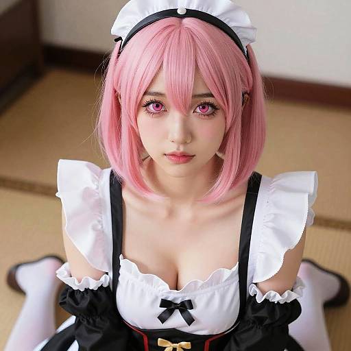 Young Woman in Pink Hair Maid Costume