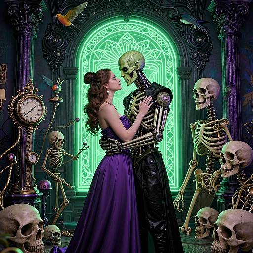 Gothic-style digital illustration: A woman in a purple dress kisses a skeletal figure, surrounded by skeletons, clocks, and birds in a neon-green