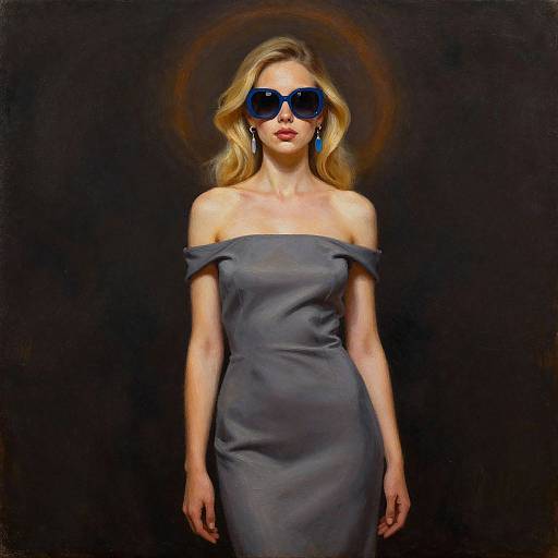 Photograph of a blonde woman in an off-shoulder gray dress, wearing large blue sunglasses and blue earrings, against a dark background.
