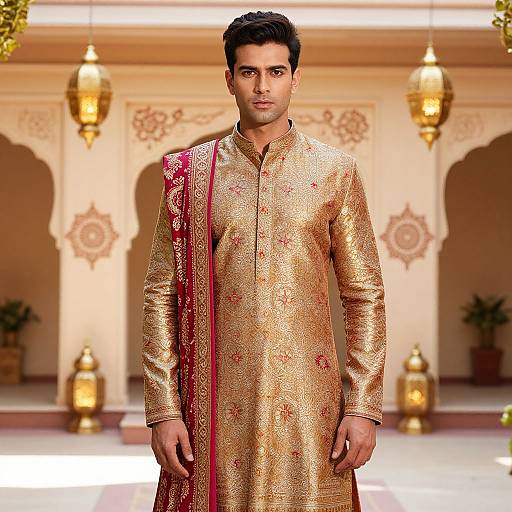 Photograph of a handsome South Asian man in a gold embroidered traditional kurta with a red border, standing confidently in a ornately decorated, warmly lit