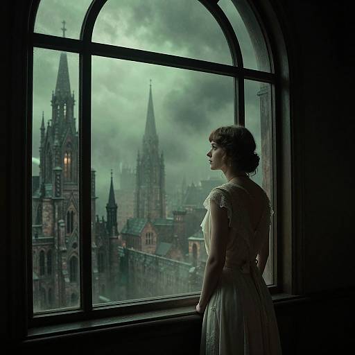 Photograph-style digital art: Gothic woman in white lace dress gazes out a large arched window at a misty, dark Gothic cityscape with