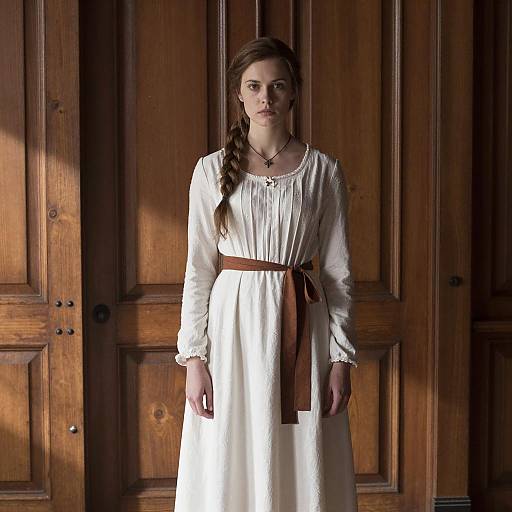 Young Woman in Vintage White Dress with Brown Sash