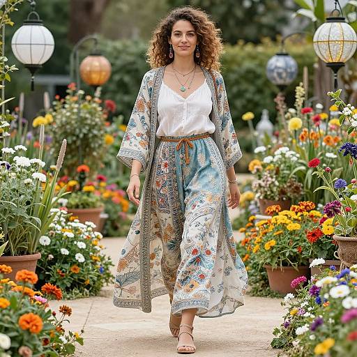Photograph of a curly-haired woman in a floral kimono and white blouse, walking through a vibrant, colorful garden path.