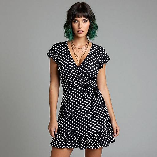 Photograph of a young woman with black, green-tipped bob haircut, wearing a black polka dot dress, layered necklaces, and standing against