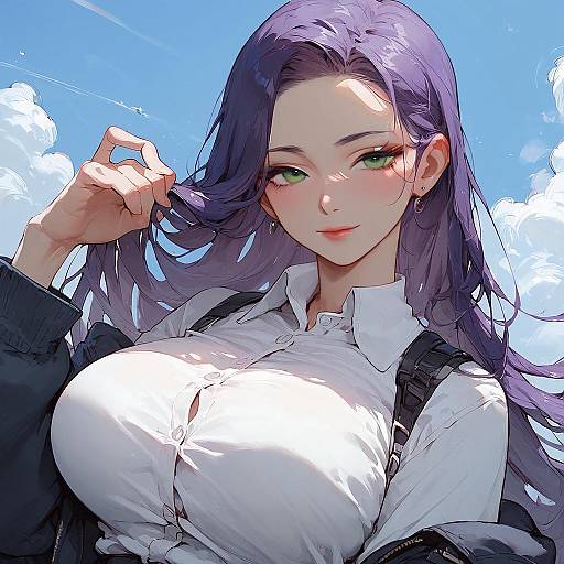 Digital anime-style drawing of a beautiful, purple-haired woman with green eyes, wearing a white shirt, black jacket, and backpack, against a bright blue