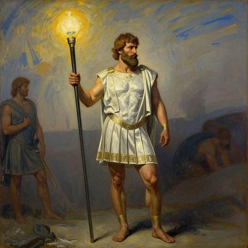 Oil painting of a bearded man in a white, gold-embroidered toga, holding a lit torch, with two other figures in the