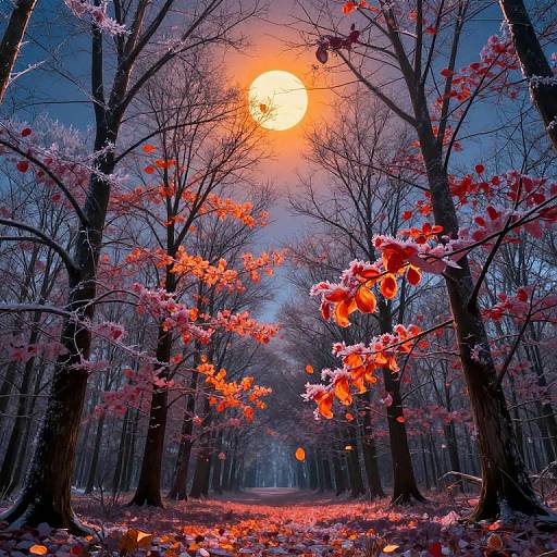 Photograph of a magical forest at night, illuminated by a glowing full moon, with red and orange leaves on frost-covered trees, creating a surreal,