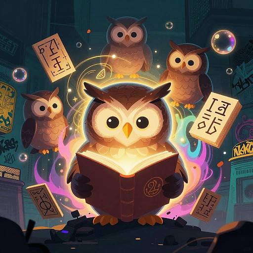 Digital art of four glowing, cartoon owls with wide eyes, reading magic books surrounded by colorful flames and floating bubble letters.