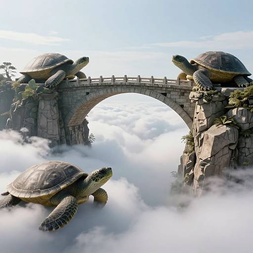Photorealistic CGI of four giant tortoises on a stone bridge amidst fluffy clouds, with lush greenery on rocky cliffs.