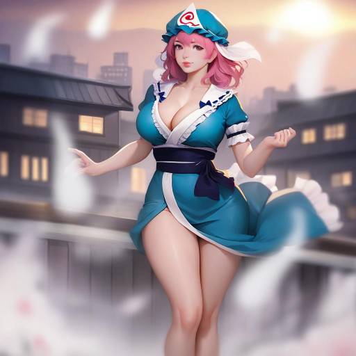 Saigyouji Yuyuko in Urban Sunset Scene