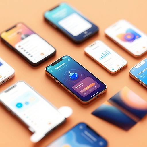 Photograph of various smartphones with different app screens, arranged on an orange surface, with a blurred hand touching one.