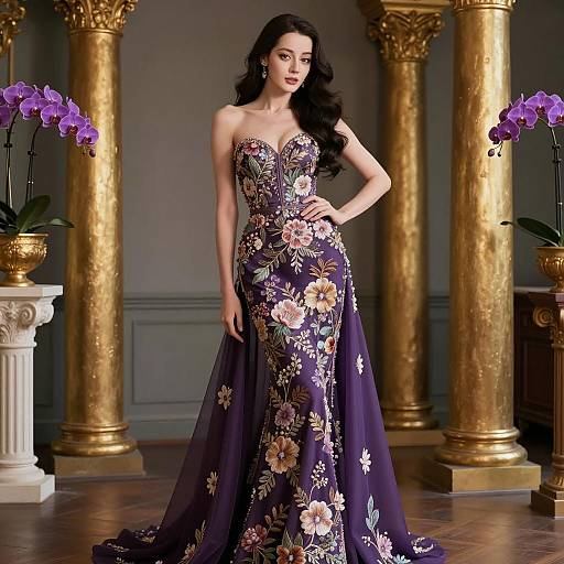 Elegant Woman in Floral Embroidered Purple Gown