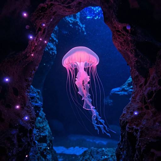 Glowing Pink Jellyfish in Underwater Cavern