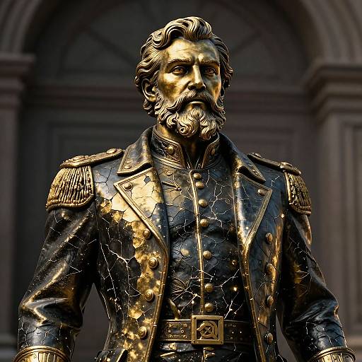 Photograph of a detailed, golden, cracked bronze statue of a bearded military officer in a decorated, epauletted jacket, standing against a