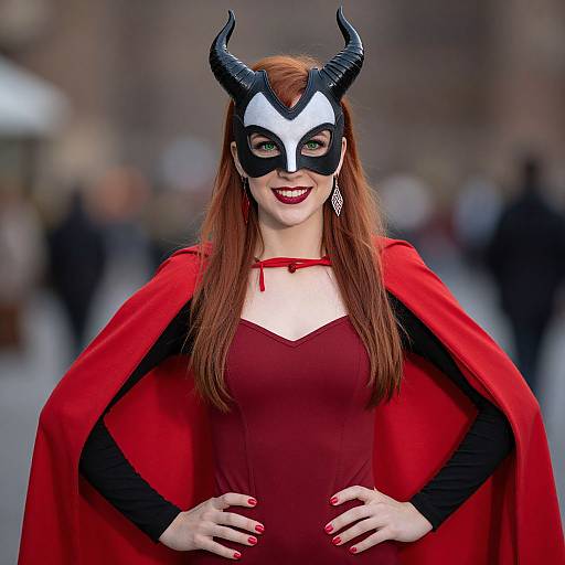 Photograph of a red-haired woman in a red dress and cape, black and white horned mask, smiling, hands on hips, city street blurred