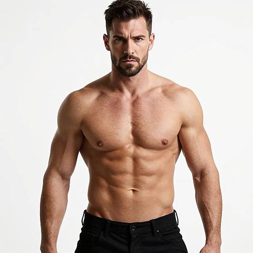 Photograph of a muscular, shirtless man with short dark hair, beard, and defined abs, wearing black pants, against a white background.
