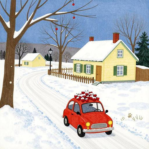 Cartoon-style winter scene: red car with Christmas decorations parked on snowy street, yellow house with green shutters, bare trees, and blue sky.