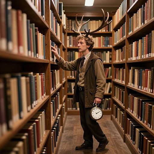 Photograph of a man with antlers, brown jacket, and black pants, holding a pocket watch, walking through a narrow library aisle with wooden book