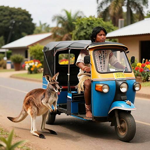 Indigenous Young Man Riding Auto Rickshaw with Playful Wallaby