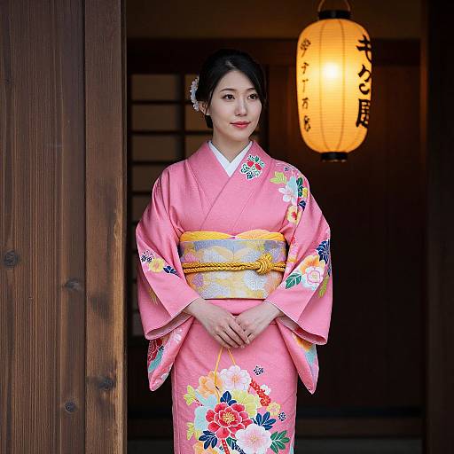 Photograph of an Asian woman in a pink floral kimono, yellow obi, standing in a traditional Japanese wooden doorway, illuminated by a warm,