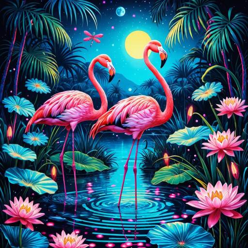 Psychedelic Flamingos in Neon Lagoon