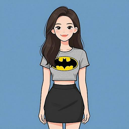 Digital anime-style drawing of a smiling young woman with long brown hair, wearing a gray Batman crop top and black skirt, against a solid blue background.