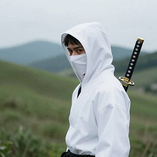 Ninja in White Hooded Outfit with Katana