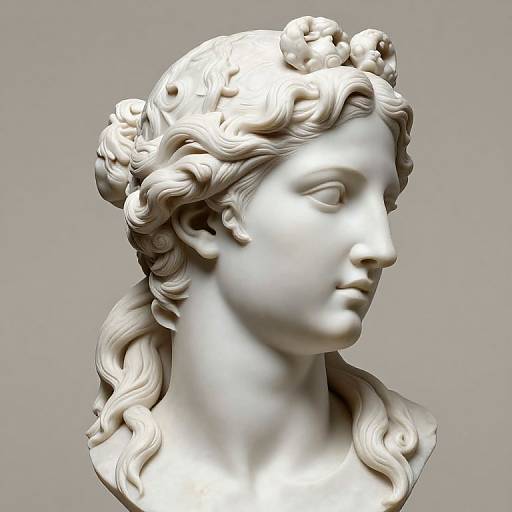 Neoclassical marble bust of a woman with detailed, wavy hair adorned with flowers, gazing to the side, against a plain gray background