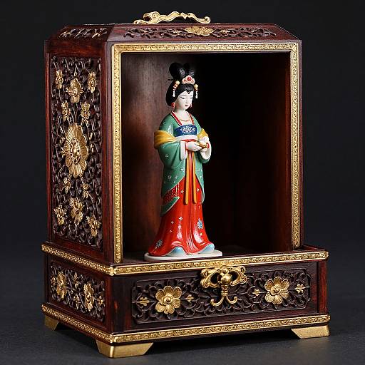 Photograph of a traditional Asian porcelain doll in elaborate green, yellow, and red kimono, displayed in an ornate, dark wood box with gold