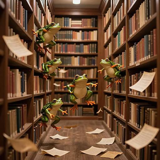 Photograph of five green frogs with orange webbed feet flying between wooden bookshelves in a narrow library aisle with scattered papers.