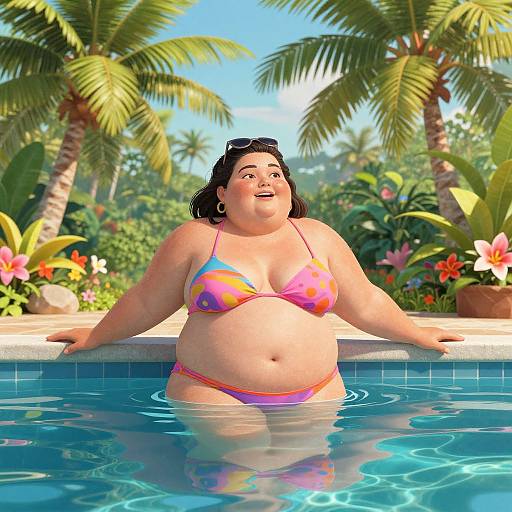 Digital artwork of a plus-sized woman with black hair in a colorful bikini, smiling while standing in a tropical pool. Palm trees and vibrant flowers in the