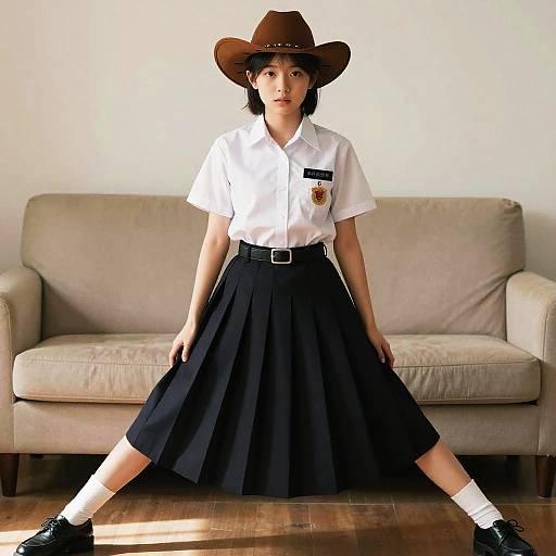 Photograph of an Asian woman in a white shirt, black pleated skirt, brown cowboy hat, white socks, black shoes, standing with legs apart