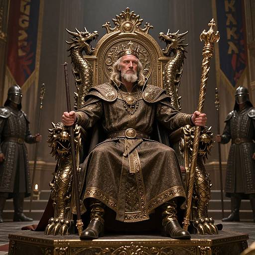 Photograph of an elderly bearded king with white hair, wearing ornate golden armor and dark robes, seated on a dragon-embellished throne