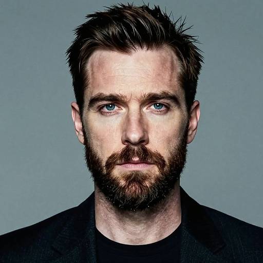 Photorealistic digital portrait of a bearded Caucasian man with blue eyes, dark hair, and a serious expression, wearing a black shirt, against a