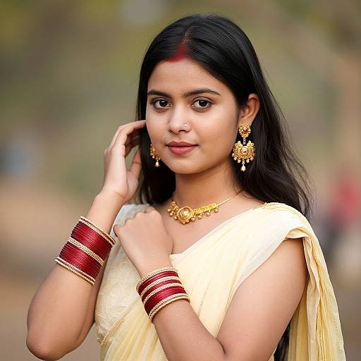 Photograph of a young Indian woman with long black hair, wearing a yellow saree, gold jewelry, red bangles, and a red bindi