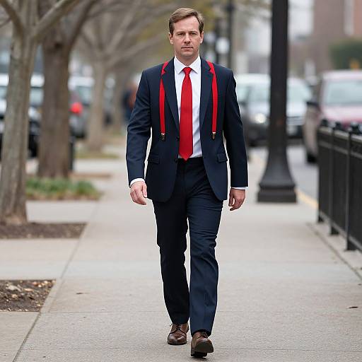 Photograph of a serious, bearded man in a black suit, white shirt, red tie, and red suspenders walking on a city sidewalk.