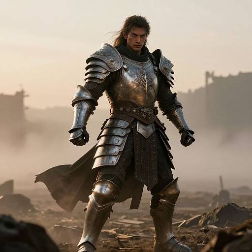 Photorealistic CGI of a fierce, dark-haired man in gleaming, medieval silver armor standing in a dusty, war-torn battlefield at sunrise.