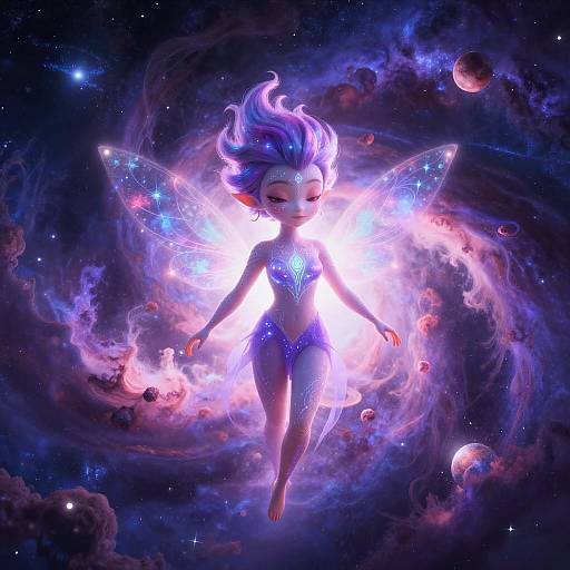 Digital art of a glowing, purple-haired fairy with translucent wings, floating in a vibrant, cosmic galaxy filled with planets and stars.