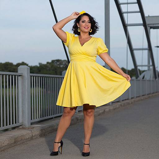 Photograph of a curvy woman with medium skin tone, short curly black hair, wearing a bright yellow, V-neck, short-sleeved dress