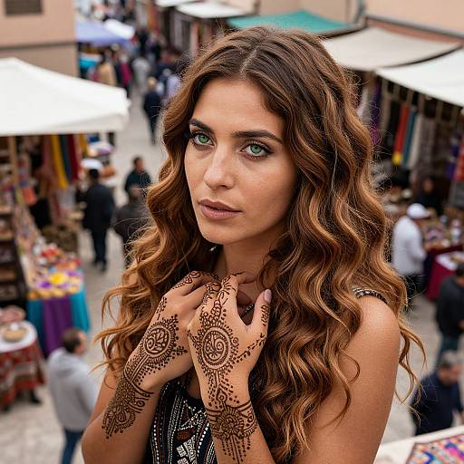 Photograph of a beautiful woman with long, wavy brown hair, green eyes, and intricate henna designs on her hands, standing in a bustling