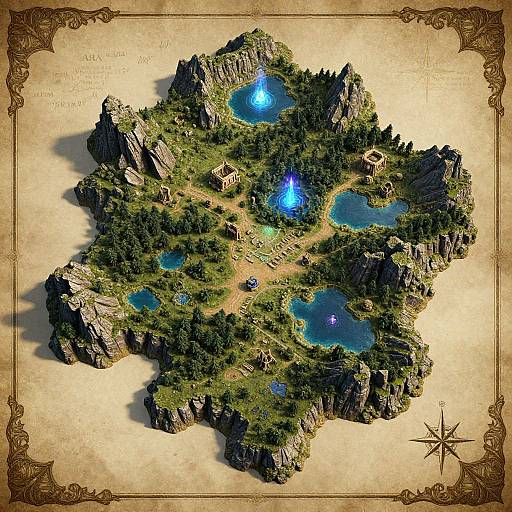 Digital map of a rocky, forested island with five glowing blue pools, surrounded by lush greenery and rocky cliffs, framed with ornate borders and