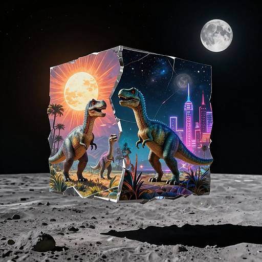 Digital artwork: Two realistic, colorful dinosaurs in a prehistoric scene with a glowing sunset, shattered into two neon-lit glass panels, set on a