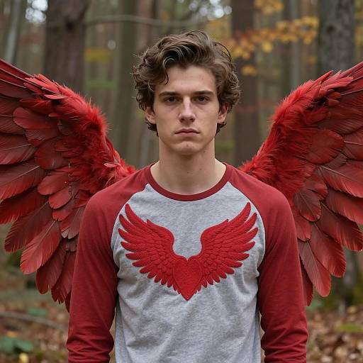 Young Man with Red Wings in Forest