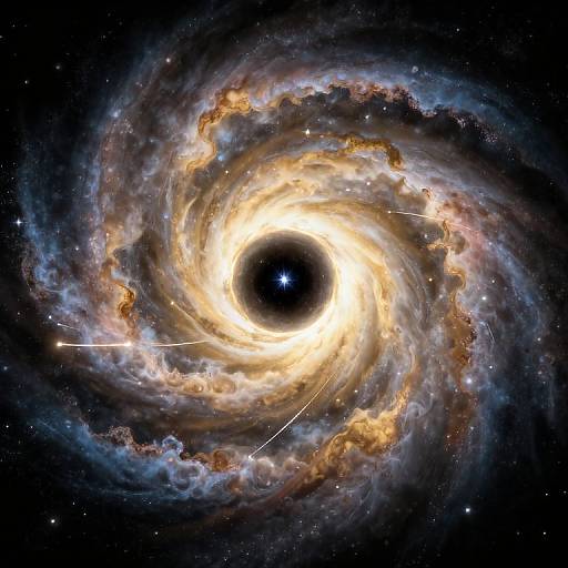 Photograph of a glowing spiral galaxy with a bright, central black hole, surrounded by swirling clouds of blue, white, and yellow gas and dust against