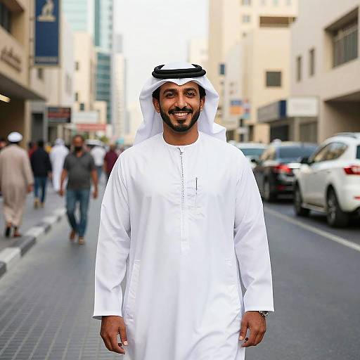 Photograph of a smiling Middle Eastern man with dark skin, black beard, wearing a white traditional thobe and black and white khamis, standing