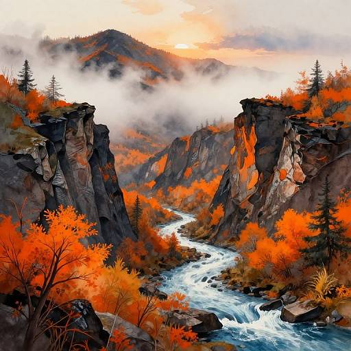 Digital painting of a vibrant autumn canyon with a rushing river, orange and red foliage, towering cliffs, and misty mountains at sunrise.